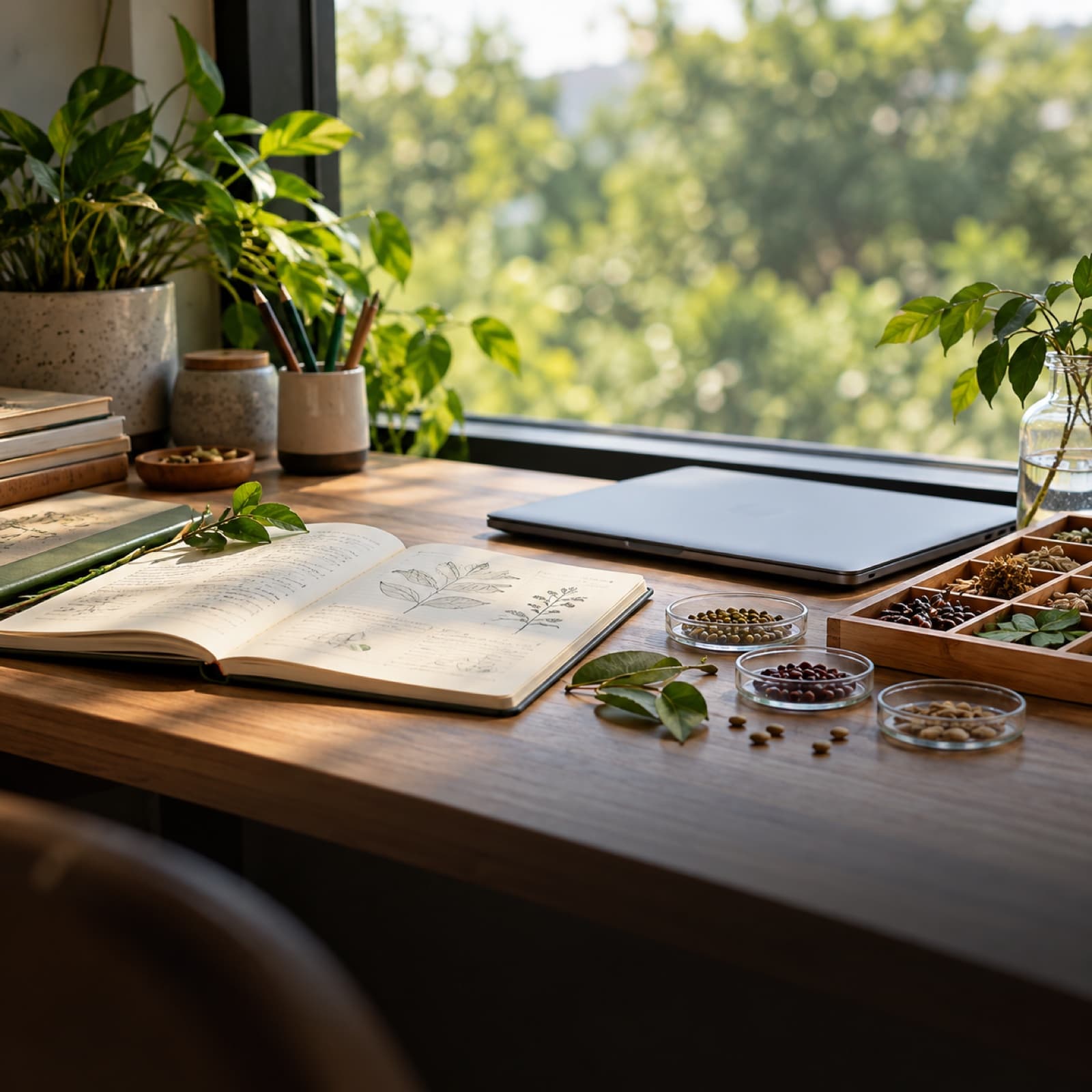 A sunlit workspace with a field notebook, plant specimens and seed samples