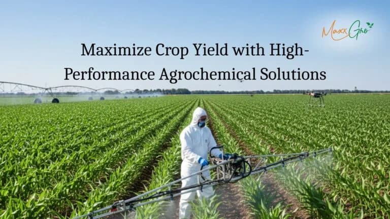 Farmer in white protective gear using a precision boom sprayer on a vibrant green corn field with agricultural drones and irrigation systems in the background.
