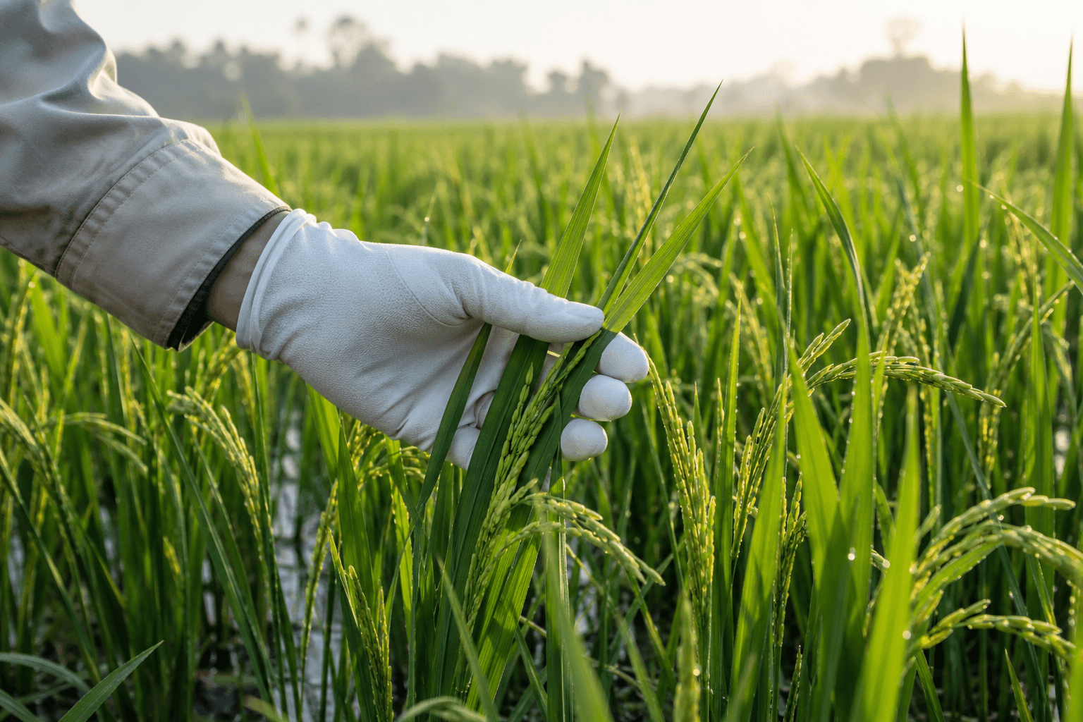 A gloved hand inspecting rice plants in a field