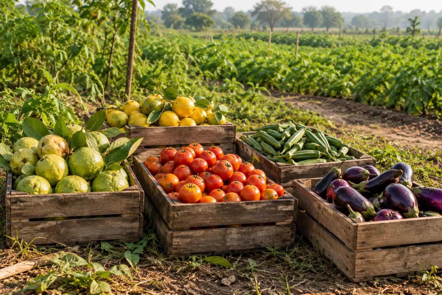 Fresh seasonal produce in reusable crates at an Indian farm gate