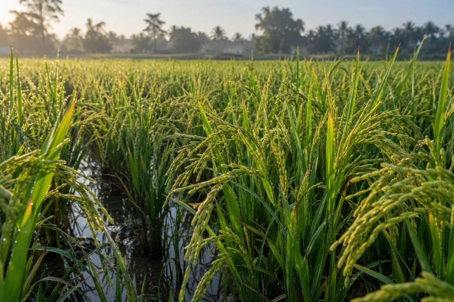 Sunlit rice panicles rising above shallow paddy water
