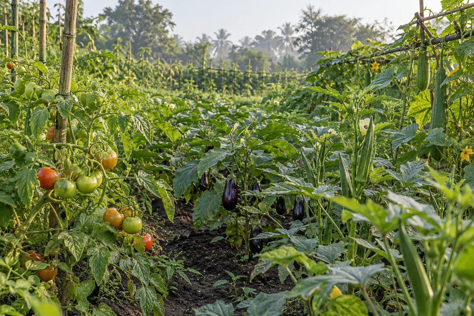 Tomatoes, okra and eggplants growing in an Indian vegetable field