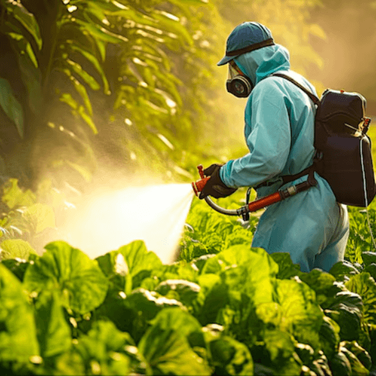 Farmer in protective suit and gloves applying insecticide using a handheld sprayer to crops, ensuring maximum pest control and safe MaxxGro agrochemical treatment.