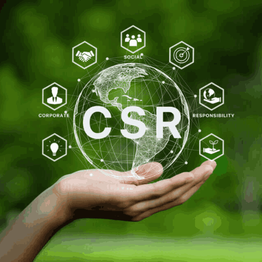 Hand holding a glowing globe overlayed with 'CSR' and icons for community, corporate responsibility, and environment, symbolizing MaxxGro's commitment to Corporate Social Responsibility and sustainable agrochemical practices.