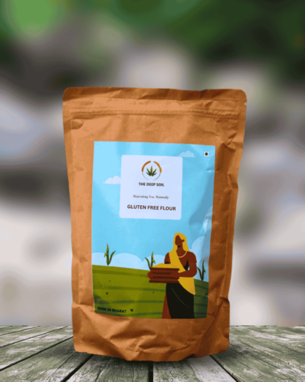 The Deep Soil Gluten Free Flour package on wooden table with blurred forest nature background