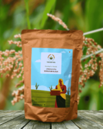 The Deep Soil Sorghum Flour Jowar Ka Atta package on wooden table with Sorghum crop field background