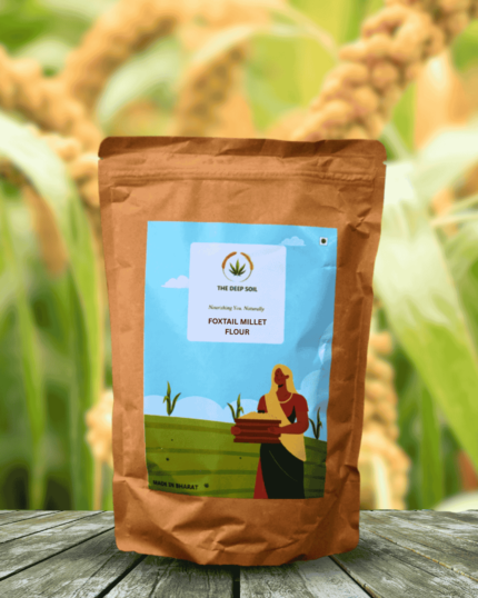 The Deep Soil Foxtail Millet Flour in a brown pouch featuring an illustration of a woman and the 'Made in Bharat' label.