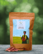The Deep Soil Pahadi Rajma Kidney Beans package with a pile of raw red beans on a stone surface and blurred nature background