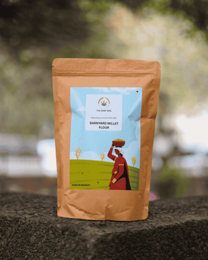 The Deep Soil Barnyard Millet Flour Samak Atta brown paper package on a stone surface with nature background