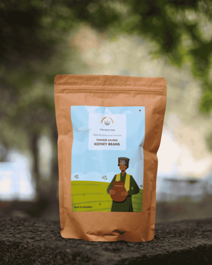 The Deep Soil Pahadi Rajma Kidney Beans brown paper package on a stone surface with nature background