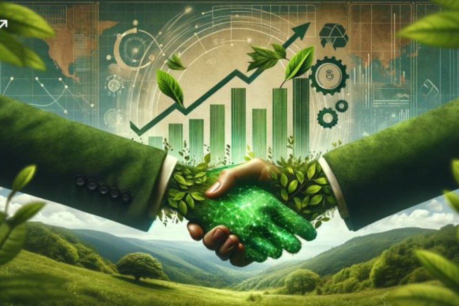 Business handshake between two figures covered in green leaves, with a rising financial graph and green fields in the background, symbolizing MaxxGro's commitment to sustainable growth, green business, and eco-friendly agrochemical solutions.