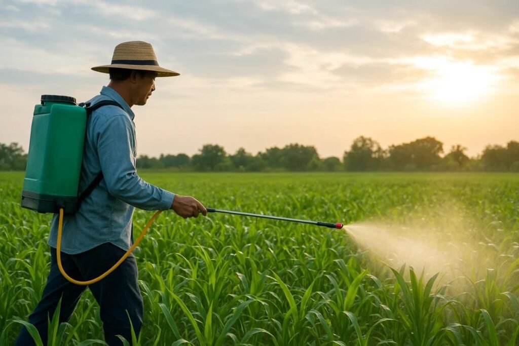 Farmer applying MaxxGro technical agrochemicals in an Indian crop field using a backpack sprayer at sunset, symbolizing practical, effective on-field crop solutions and protection.