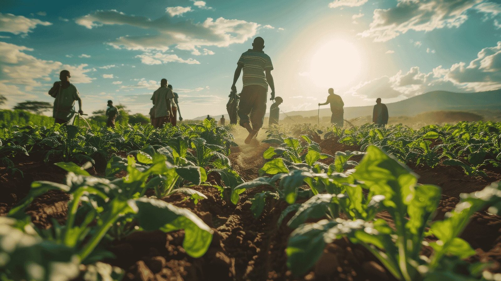 Farmers walking through a field at sunrise, symbolizing the collective effort to empower Indian agriculture with sustainable crop protection solutions and MaxxGro's commitment to community.
