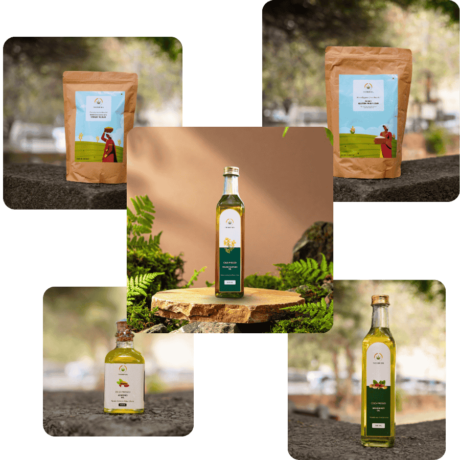 Collage featuring The Deep Soil's product range: Cold-Pressed Yellow Mustard, Coconut, and Groundnut Oils, alongside two natural ingredient pouches.