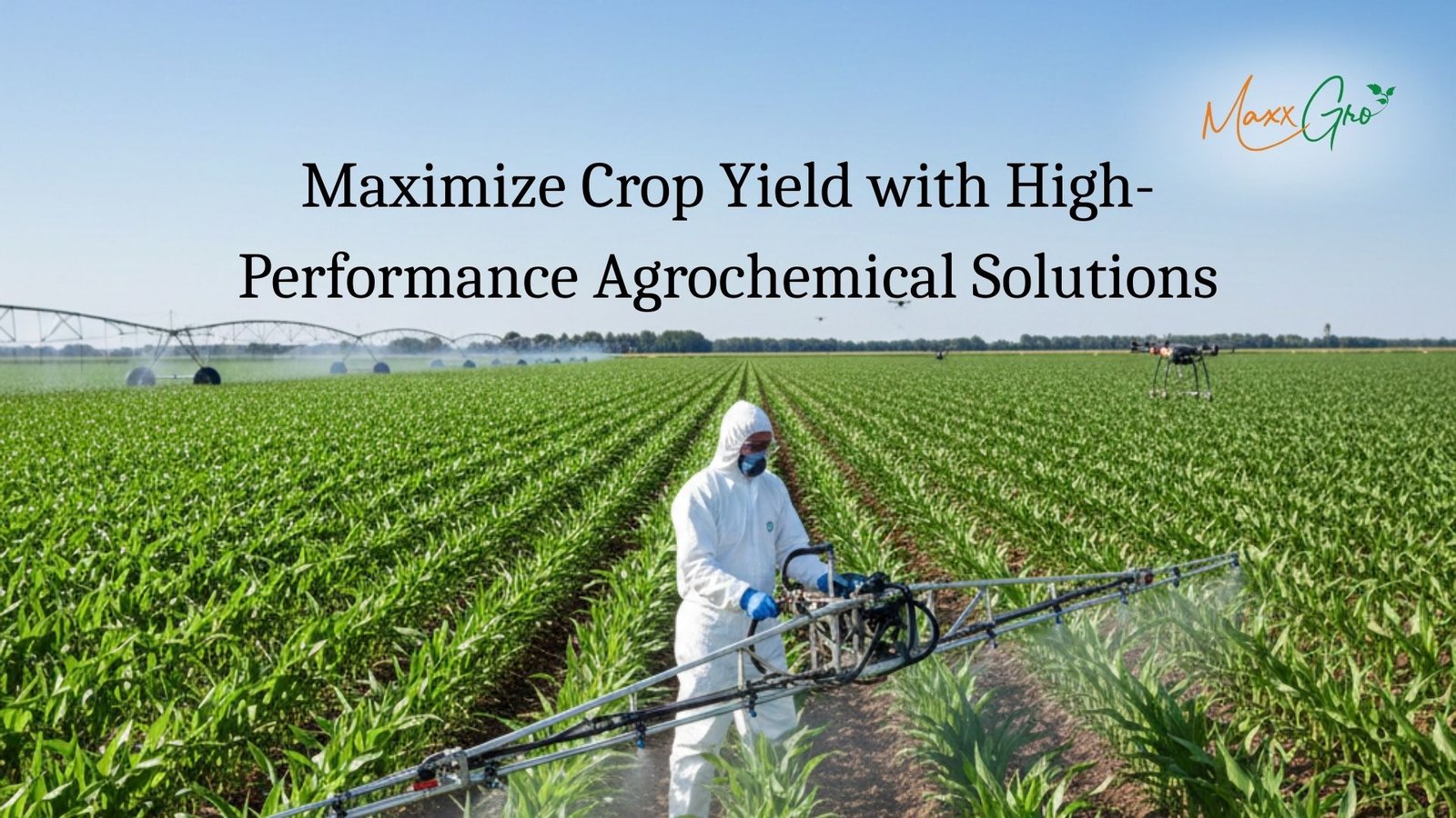 Farmer in white protective gear using a precision boom sprayer on a vibrant green corn field with agricultural drones and irrigation systems in the background.