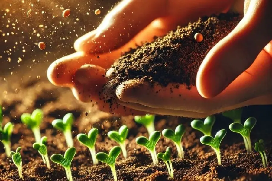 Hands carefully tending to soil with seeds and tiny green seedlings emerging, symbolizing MaxxGro's foundational commitment to nurturing growth, sustainable farming, and effective agrochemical solutions from the start.