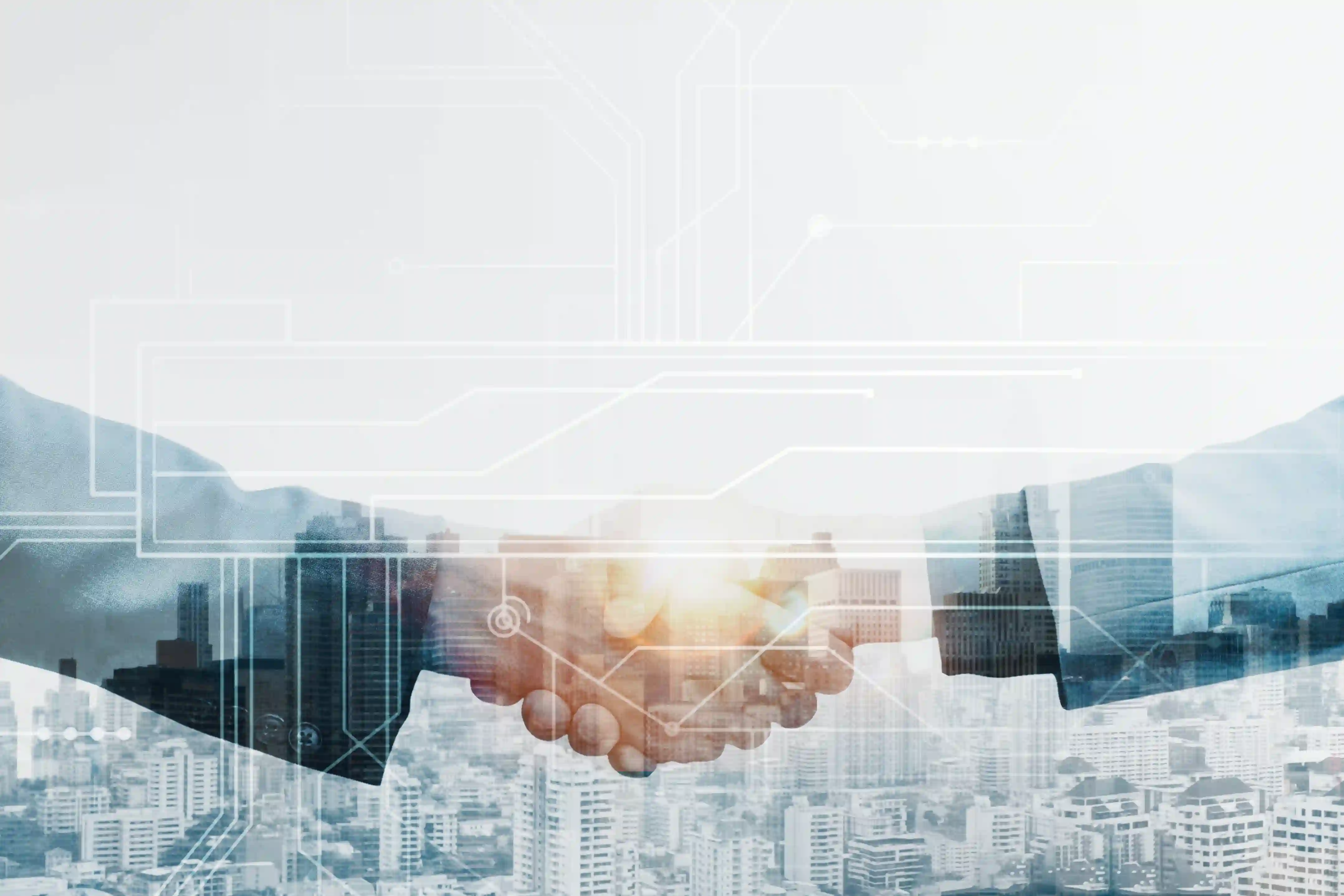 Double exposure of a business handshake and city skyline representing Maxxgro Agrology Limited's strategic focus on upscaling operations and sustainable corporate growth.