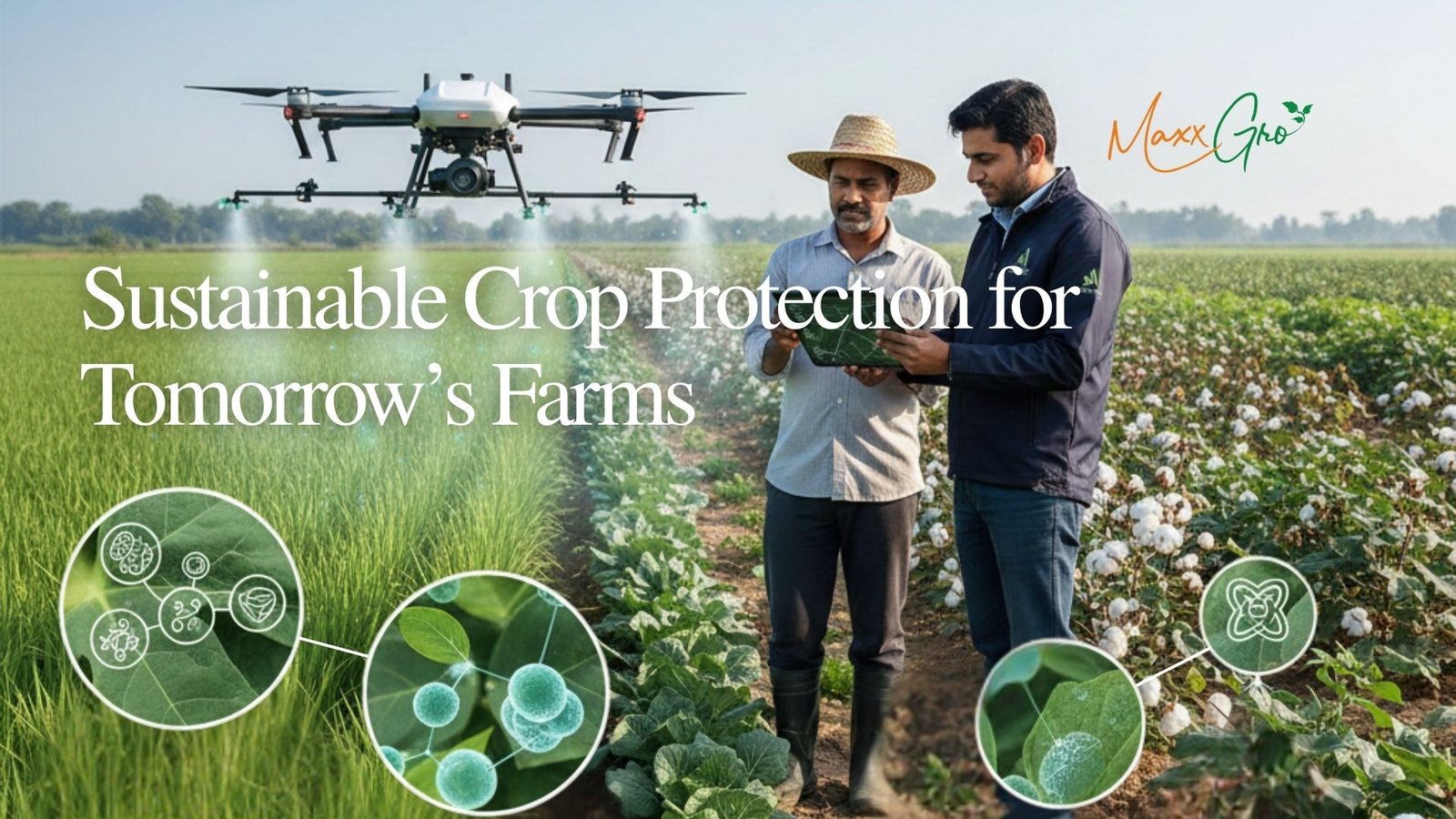 Precision application of agrochemical pesticides using a modern agricultural drone on a sustainable farm.