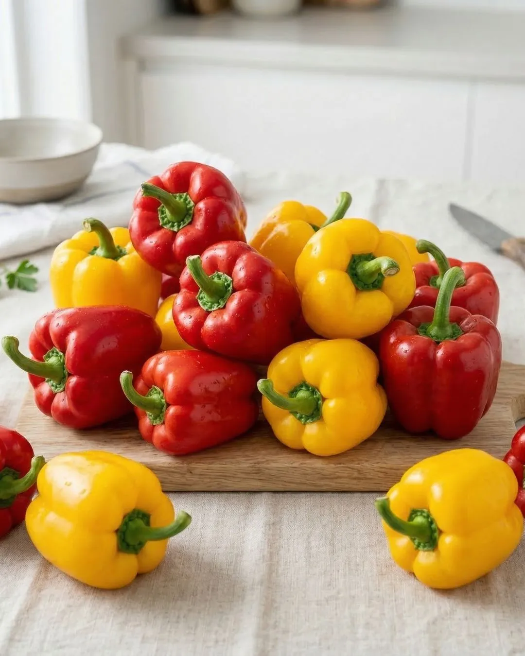 Buy Colored Capsicum Online - The Deep Soil Fresh Produce Fresh red and yellow capsicums (bell peppers) piled on a wooden board, available to buy online in bulk.