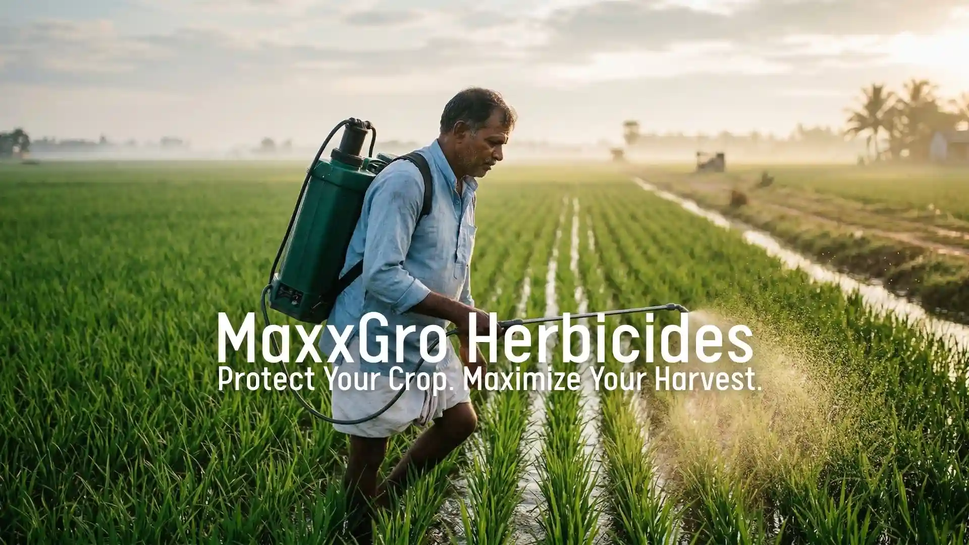 Indian farmer spraying MaxxGro herbicide for weed control in paddy field India