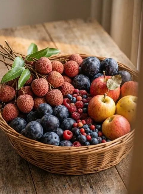 Bulk wholesale basket of premium organic fruits including lychees, plums, apples, and mixed berries from The Deep Soil.