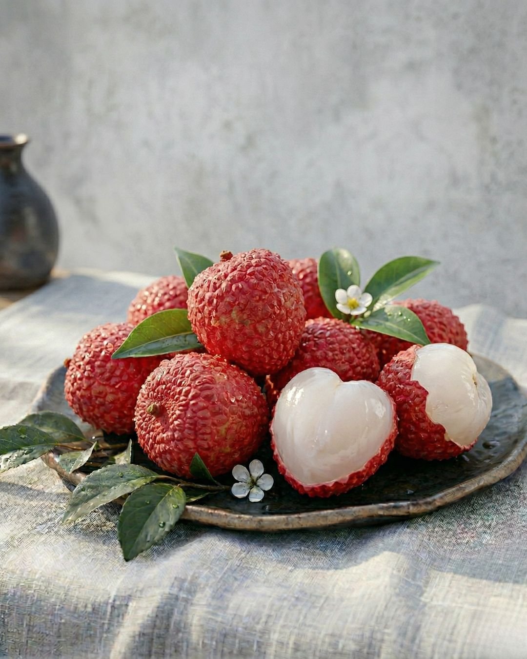 Fresh Juicy Lychees - The Deep Soil India Premium red lychee fruit from The Deep Soil on a rustic plate, showing a peeled litchi with its translucent white juicy flesh. Buy fresh lychee online India.