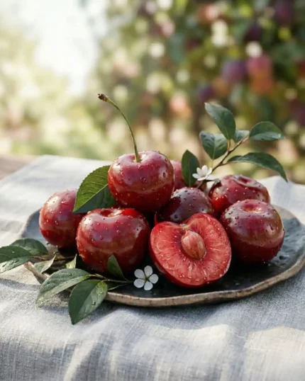 A rustic plate of fresh cherries from The Deep Soil, featuring water droplets, leaves, and a cherry cut open to show the pit. Perfect quality when you buy fresh cherries online in India.