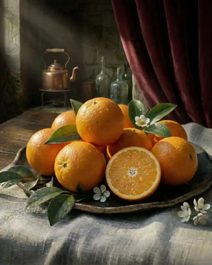 Premium fresh oranges from The Deep Soil on a rustic plate, featuring water droplets and a halved orange to show the juicy interior. Buy fresh oranges online India.