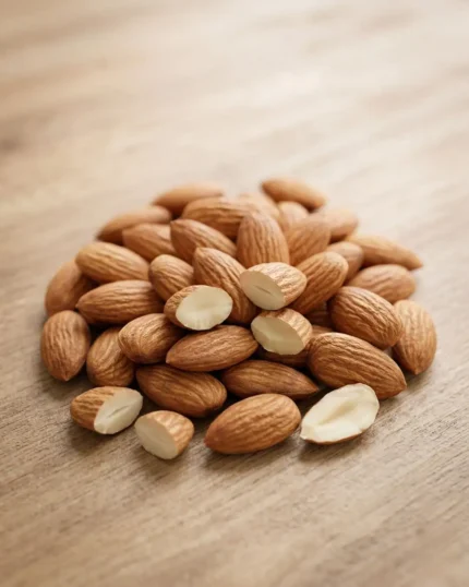 A pile of premium whole almonds from The Deep Soil on a wooden surface, with several almonds split open to show the crisp white interior. High-quality Almonds.