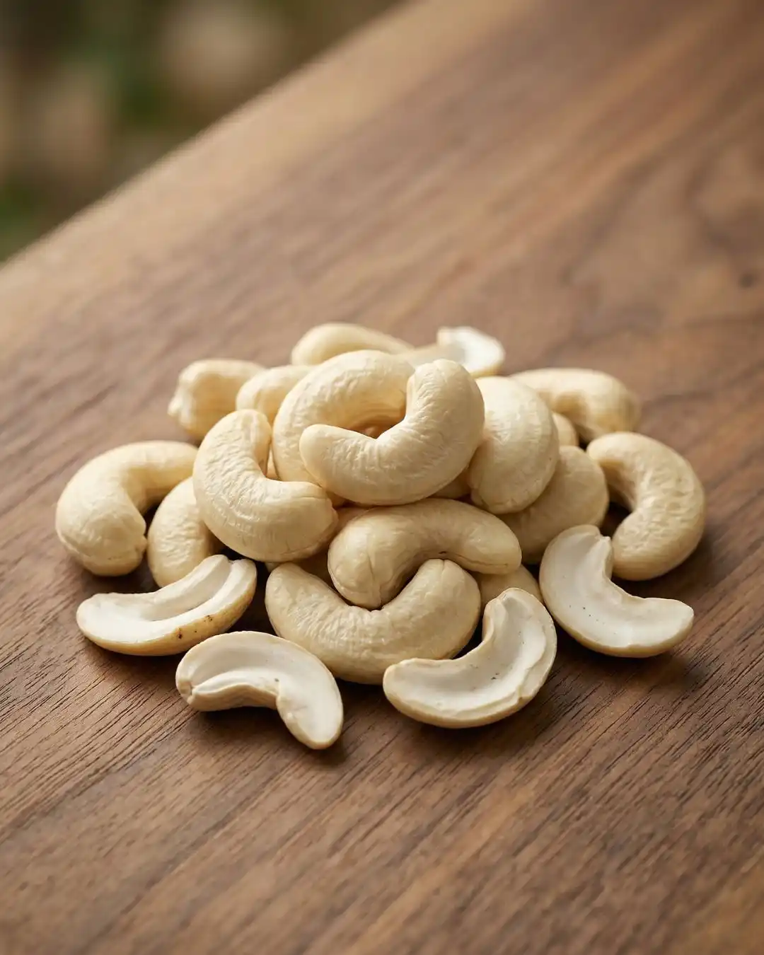 Fresh Premium Cashews - The Deep Soil A bowl of premium large cashews from The Deep Soil on a wooden table, featuring water droplets and green leaves. High-quality smooth Cashews.