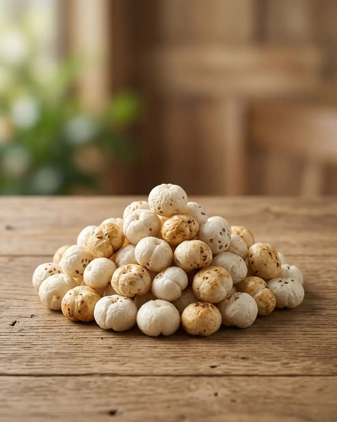 Fresh Premium Makhana (Foxnuts) - The Deep Soil A bowl of premium popped makhana from The Deep Soil on a wooden table, featuring green leaves and spices. High-quality smooth Makhana.