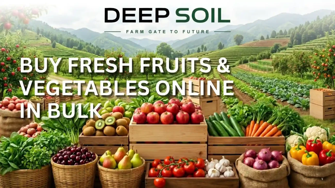 Wooden crates and baskets filled with fresh vegetables and fruits on a scenic farm, promoting Deep Soil's bulk online ordering.