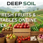 Wooden crates and baskets filled with fresh vegetables and fruits on a scenic farm, promoting Deep Soil's bulk online ordering.