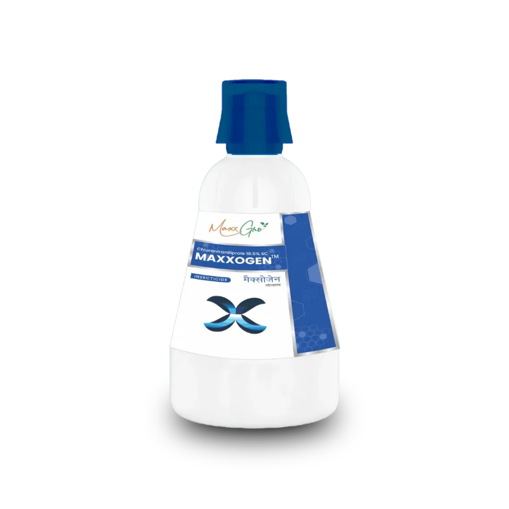 Maxxogen Chlorantraniliprole 18.5% SC insecticide conical bottle pack by MaxxGro Agrology Limited