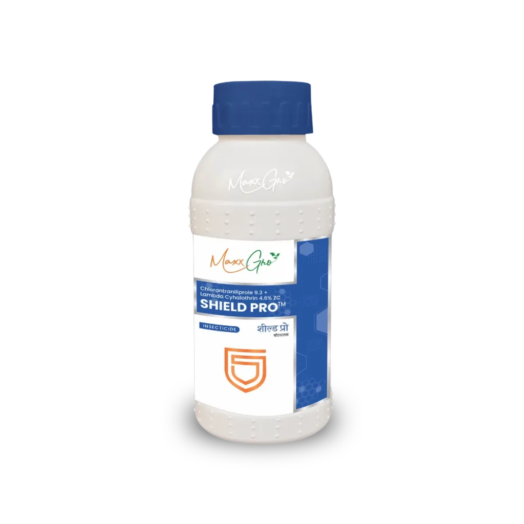 Shield Pro Chlorantraniliprole 9.3% + Lambda-Cyhalothrin 4.6% ZC insecticide bottle pack by MaxxGro Agrology Limited