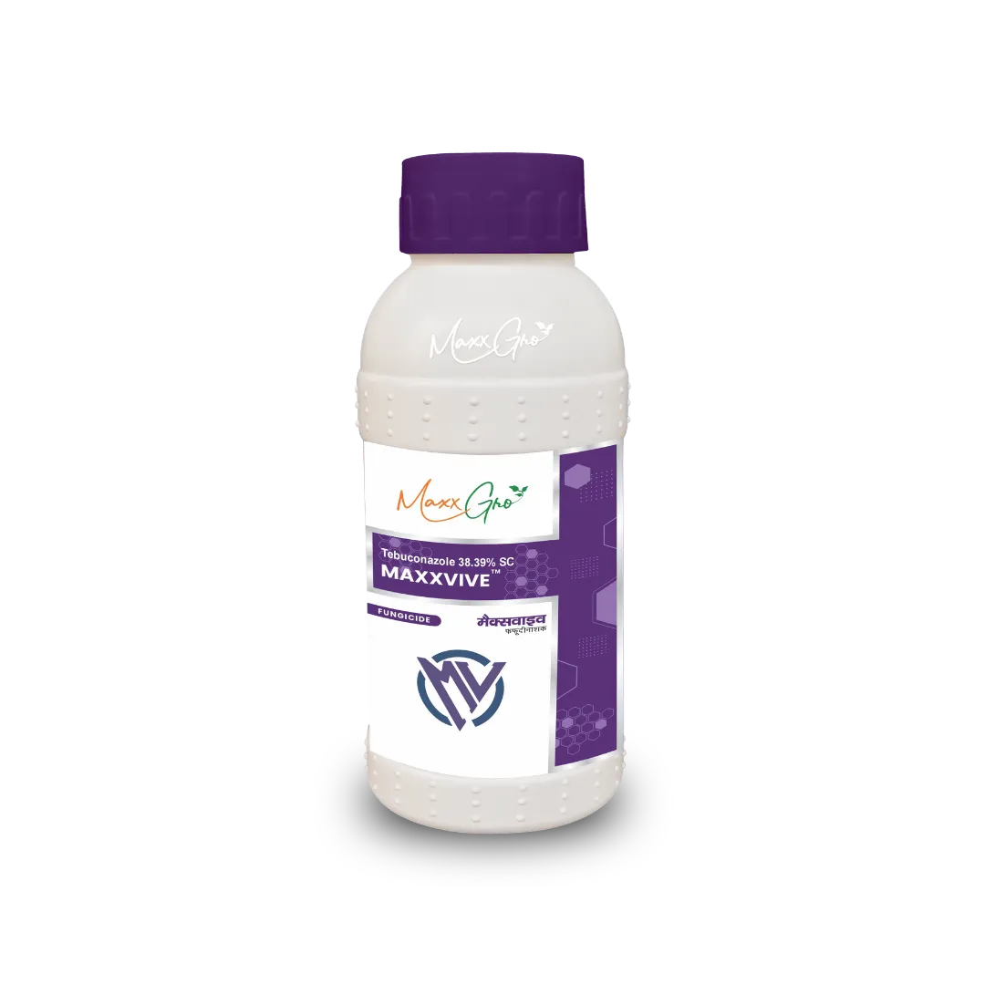 Maxxvive Tebuconazole 38.39% SC fungicide bottle pack by MaxxGro Agrology Limited.